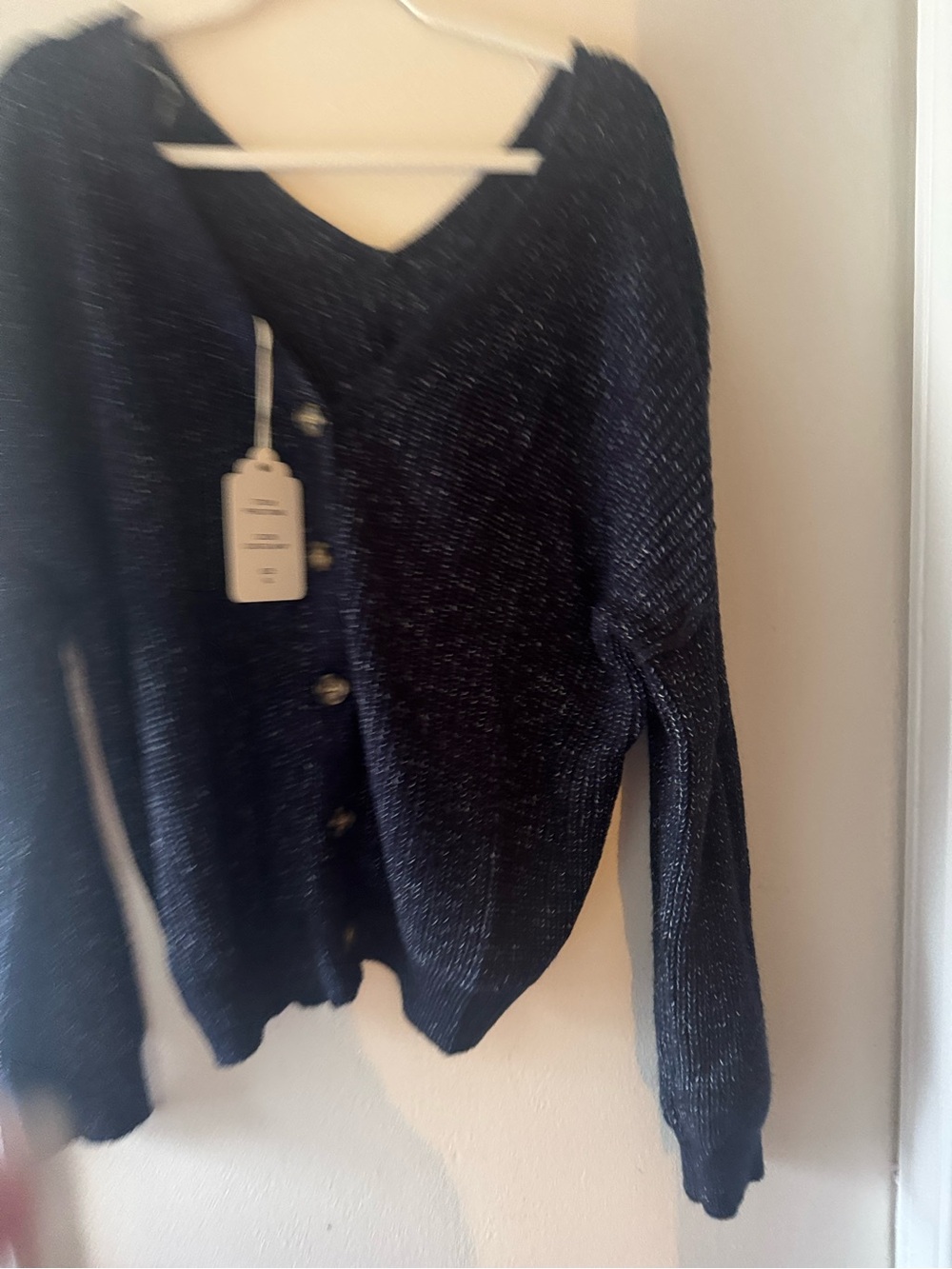 Pink Rose Metallic Knit Button-Front Cardigan - navy blue